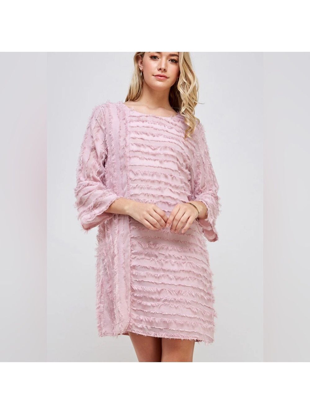 Solution Elegant Pink Textured 3/4 Length Trumpet Sleeve Fuzzy Texture Dress